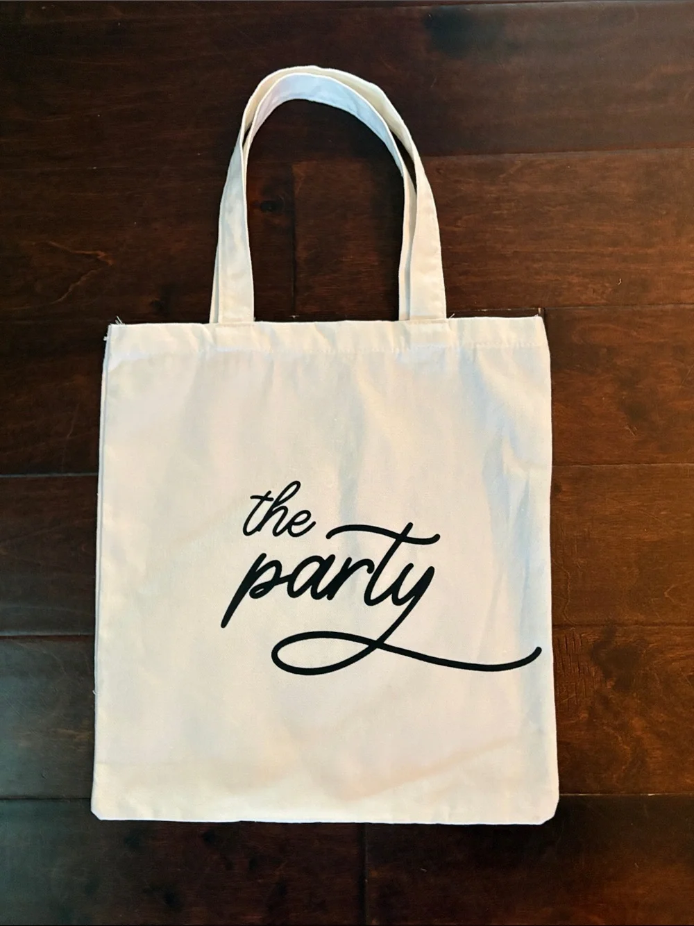 Party Canvas Tote Bag in White with Black Script